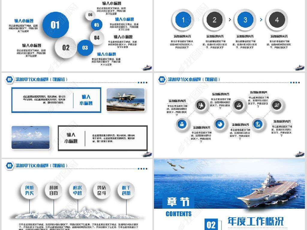 航空母舰PPT模板，展示现代海战力量的核心要素，现代海战力量核心，航空母舰PPT模板展示